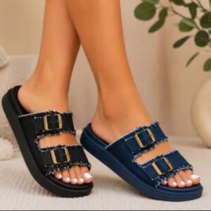 Unleash Chic Comfort: The Ultimate Frayed Denim Buckle Slides