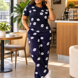 Sealed with Style: Navy Lip-Print Co-Ord Set