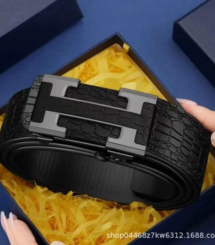 Men’s Executive Crocodile-Embossed Leather Belt | Matte Gunmetal 'H' Automatic Buckle
