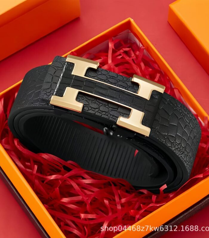 Redefine Elegance: Men's Crocodile-Embossed Leather Belt with Gold Dual-H Buckle
