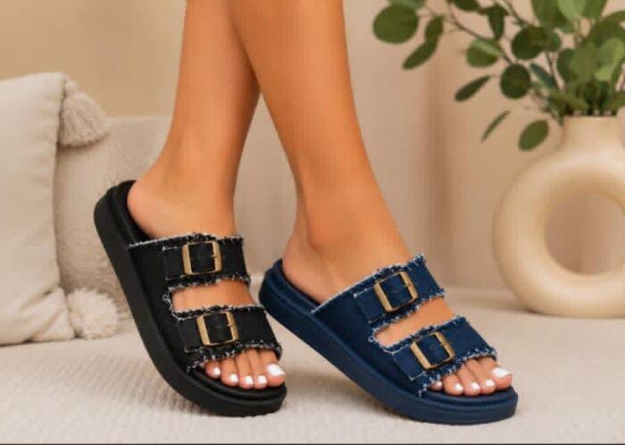 Unleash Chic Comfort: The Ultimate Frayed Denim Buckle Slides