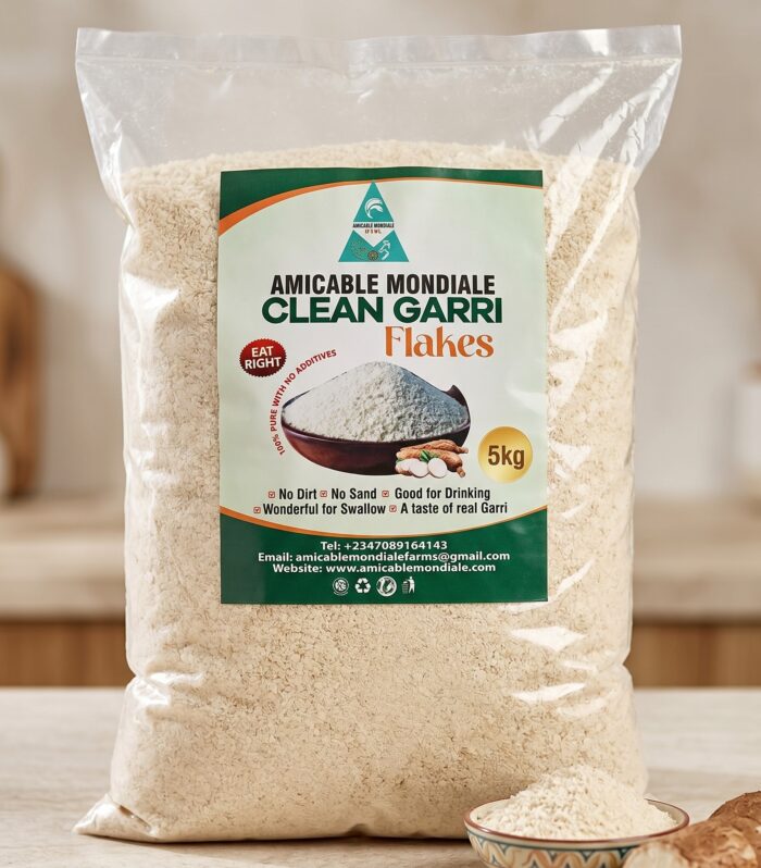 Premium Amicable Mondiale Clean Garri Flakes (5kg) – 100% Pure, Sand-Free & Additive-Free White Garri