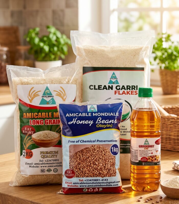 Ultimate Nigerian Kitchen Staples Bundle – Amicable Mondiale Rice, Honey Beans, Clean Garri & Groundnut Oil