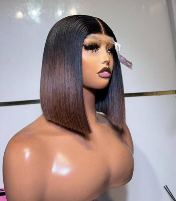 Ombre Dark Brown Blunt Cut Bob Human Hair Lace Closure Wig