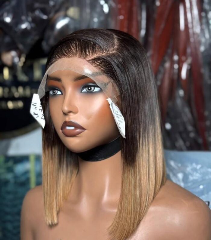 12-Inch Ombre Dark Roots Honey Blonde Straight Blunt Cut Lace Front Bob Wig