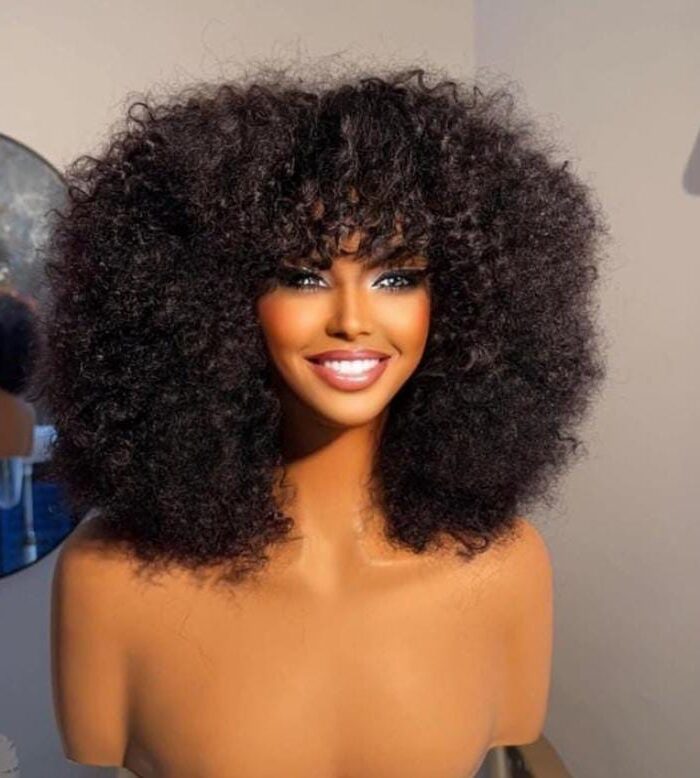 Big Afro Kinky Curly Wig with Bangs – Human Hair Synthetic Blend