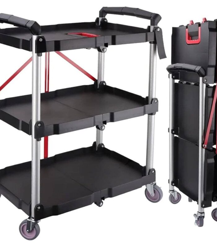 Heavy-Duty 3-Tier Collapsible Utility Cart with Wheels | Portable Folding Service Trolley