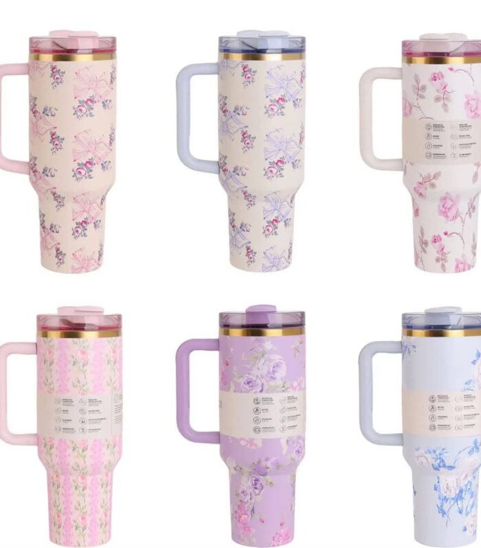 Vintage Floral Insulated Tumbler with Handle | 40 oz Stainless Steel Travel Mug