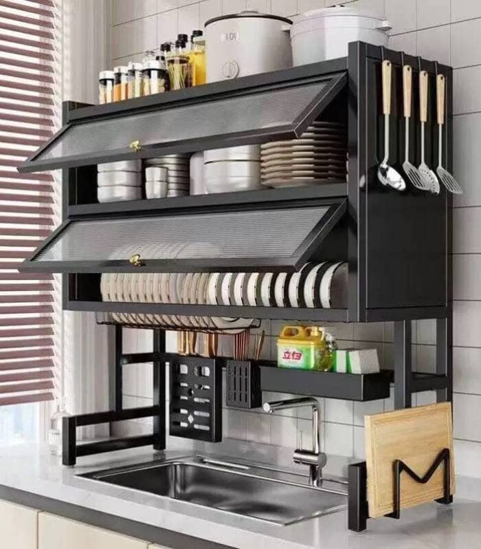 Multi-Tier Over-the-Sink Dish Drying Rack with Dust-Proof Cabinet Doors