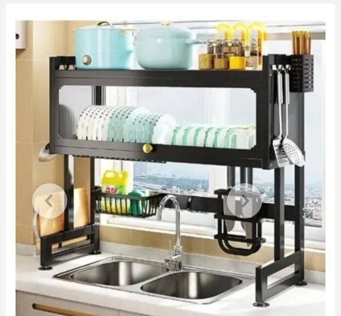 2-Tier Over-the-Sink Dish Drying Rack with Dust-Proof Cabinet & Utensil Holders
