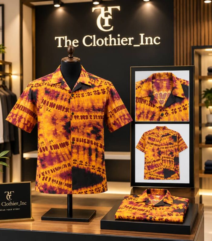 Men’s Vibrant Sunset Orange Batik Short-Sleeve Cuban Collar Shirt