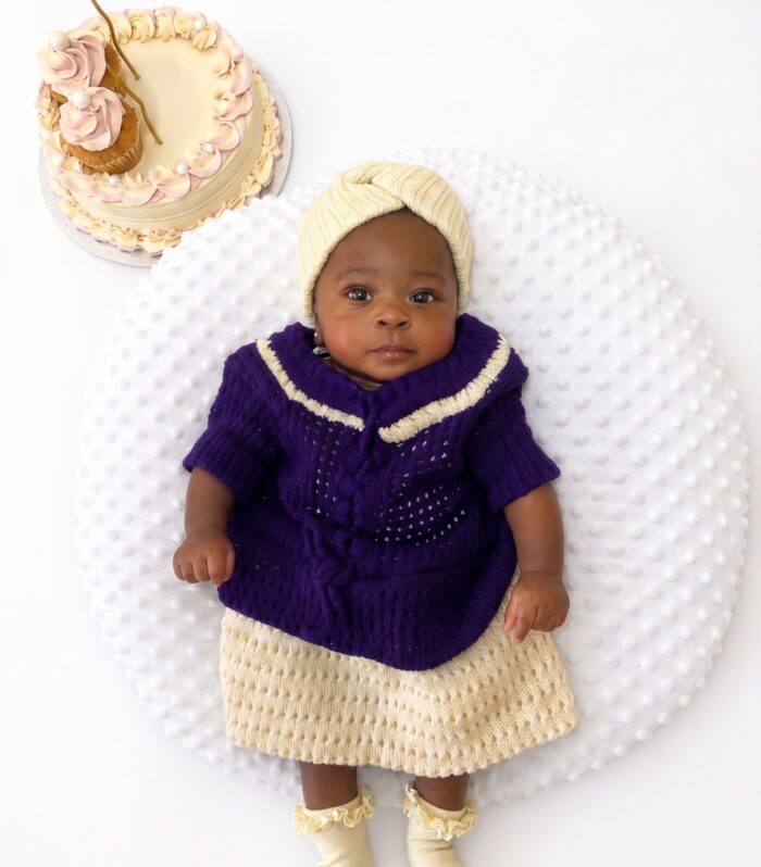 Cozy Royal Purple & Cream Two-Piece Baby Knit Set with Turban Headband | Handcrafted Baby Girl Birthday Outfit