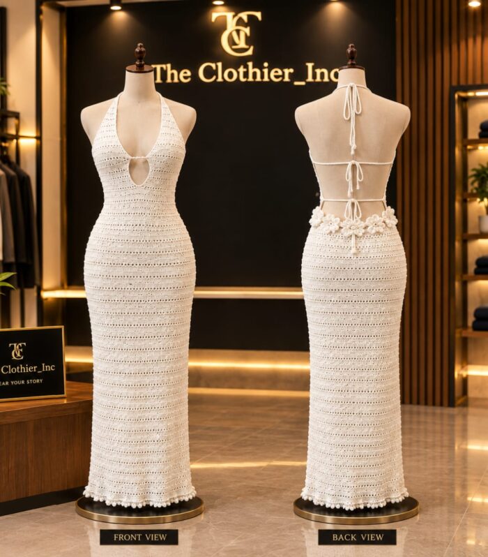 Elegant Hand-Crocheted Halter Neck Backless Maxi Dress | Boho Chic Beachwear & Evening Gown