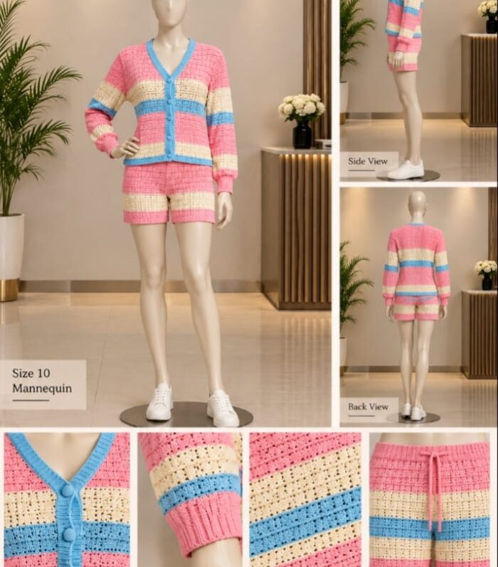Pastel Striped Crochet Cardigan and Shorts Set | Vibrant 2-Piece Knit Lounge & Casual Outfit