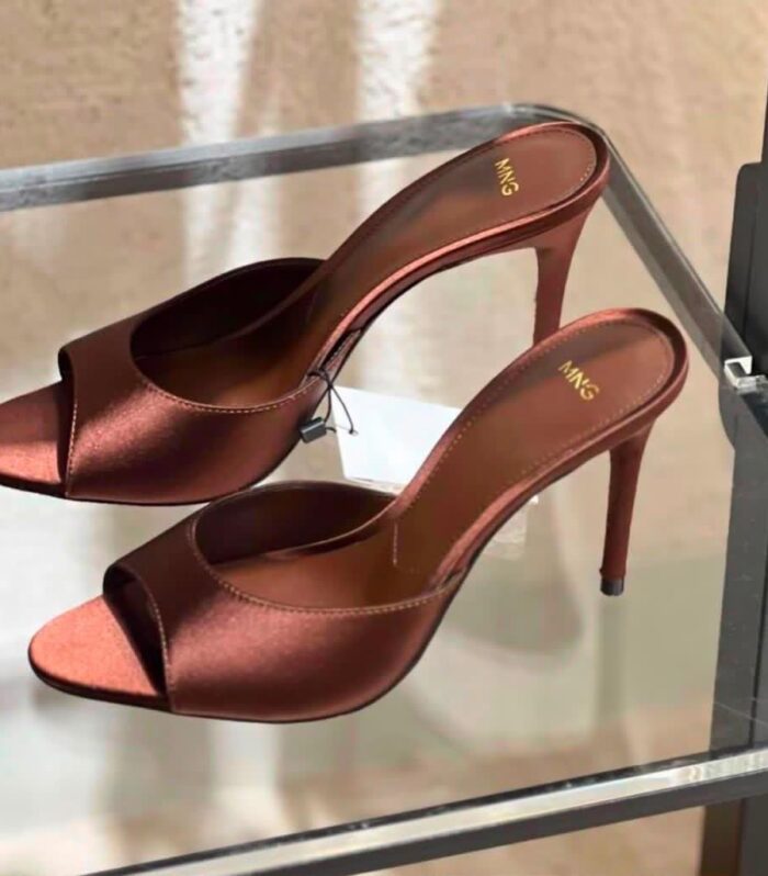 Elevate Your Glamour: Elegant Satin Open-Toe Stiletto Mules in Warm Bronze Product Description