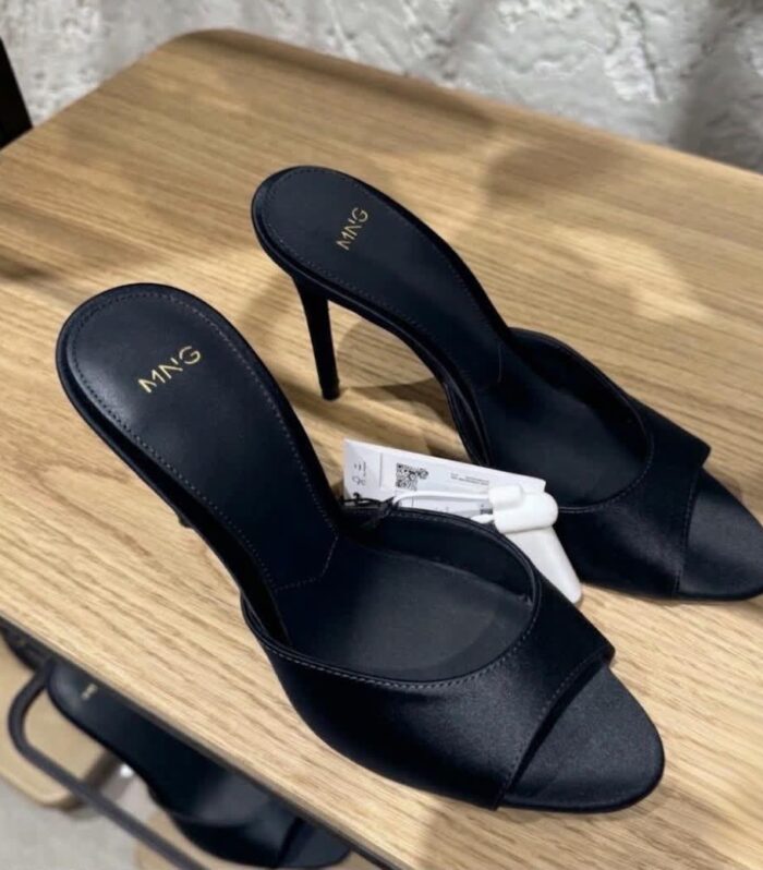 MNG Black Satin Peep-Toe Stiletto Mule Sandals | Elegant High-Heeled Party Shoes