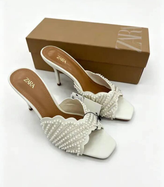 Zara Pearl-Embellished Scalloped Mule Heels – Elegant White Bridal & Party Sandals