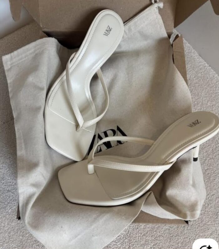 Chic Off-White Square-Toe Thong High Heel Sandals | Zara Leather Heeled Mules