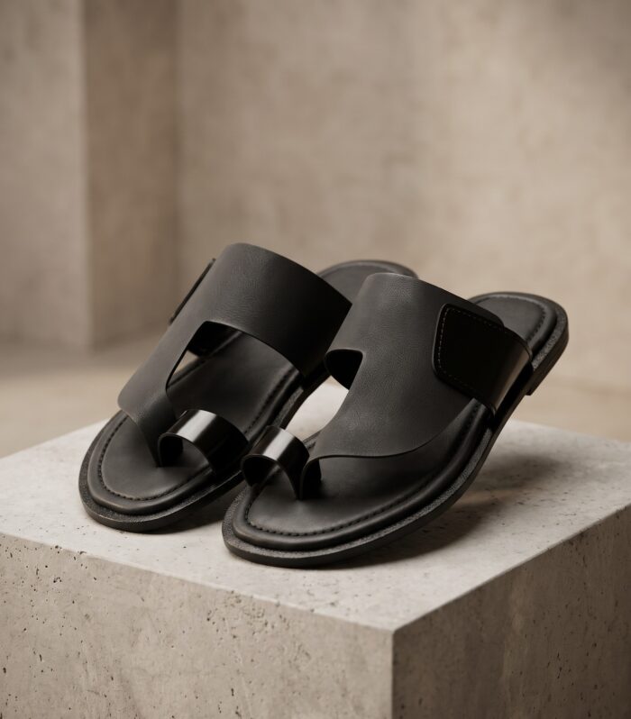 Men’s Premium Black Leather Toe-Ring Slides – Handcrafted Minimalist Slip-On Sandals