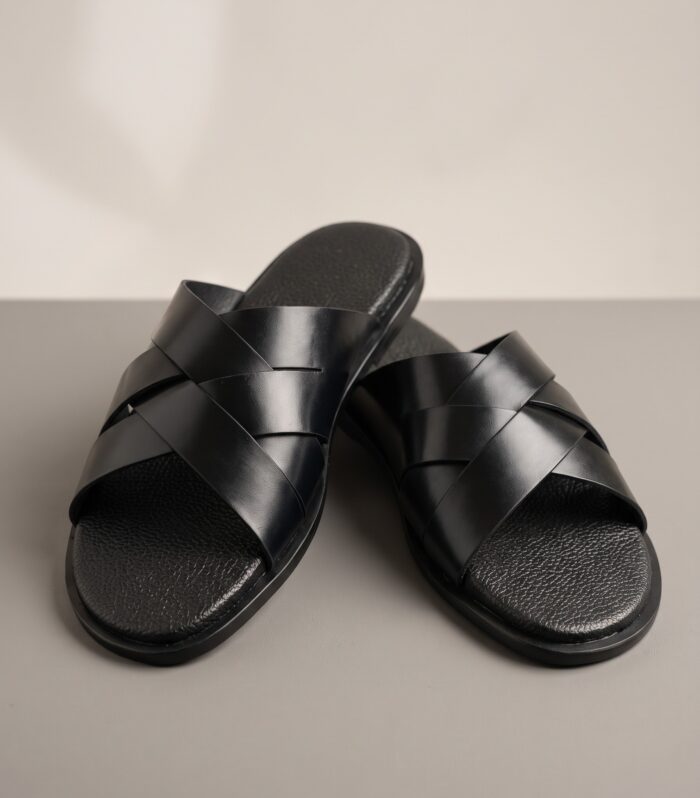 Men’s Premium Black Cross-Strap Leather Slides – Handcrafted Casual Luxury