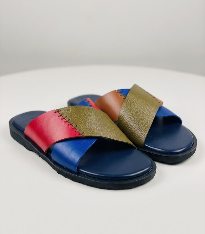 Handcrafted Multi-Color Leather Cross-Strap Slides – Premium Artisanal Men’s Comfort Sandals