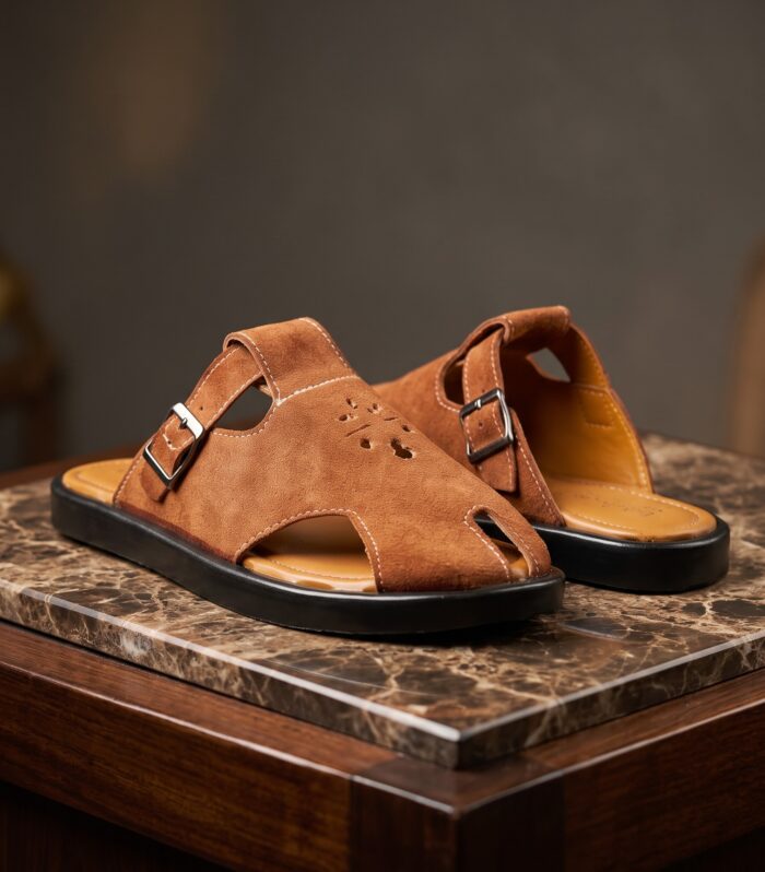 Men's Tan Suede Peshawari Sandals – Handcrafted Leather Sandals with Adjustable Strap