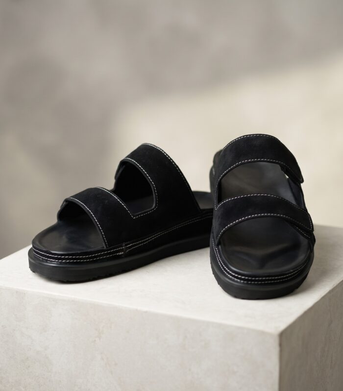 Men's Black Suede Double-Strap Slide Sandals – Premium Contrast-Stitched Casual Comfort Footwear