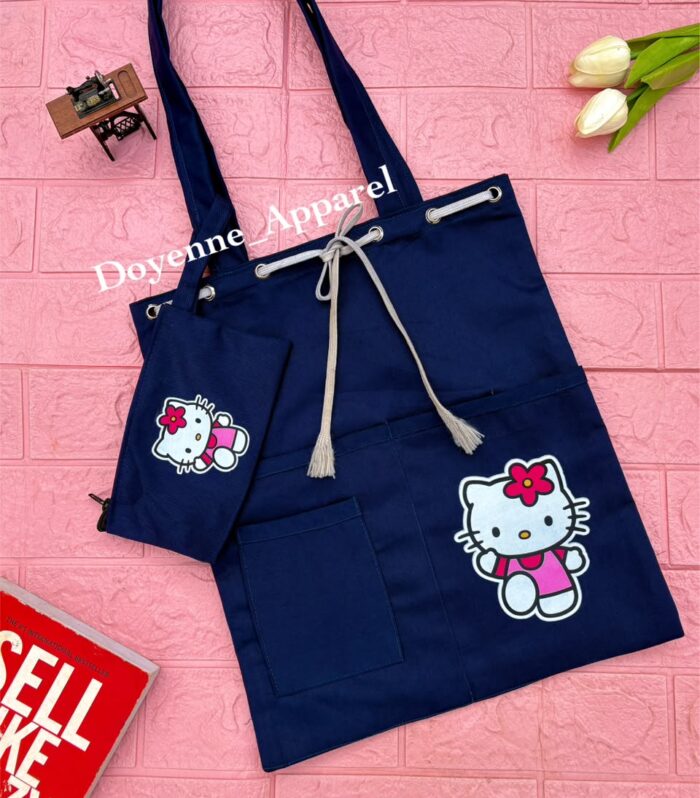 Navy Blue Canvas Tote Bag & Matching Coin Pouch Set with Cartoon Character Graphic