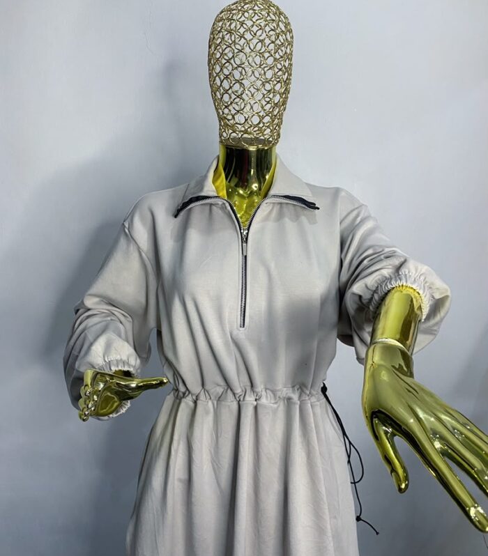 Oversized Half-Zip Athleisure Dress – Cream Half-Zip Sweatshirt Dress with Cinched Drawstring Waist