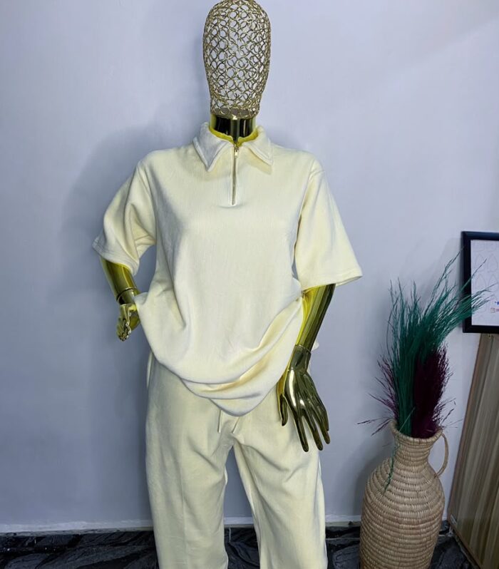 Pastel Yellow Ribbed Quarter-Zip Loungewear Set – Premium Oversized Two-Piece Matching Tracksuit