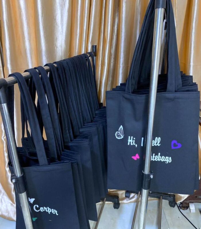 Durable Black Canvas Tote Bag with Custom Typography and Butterfly Graphic Print