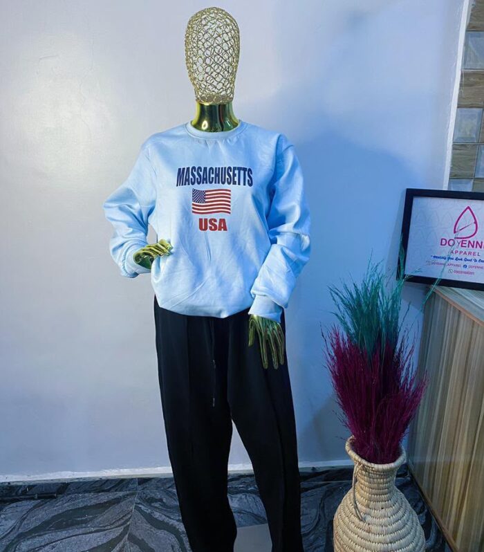 Light Blue Massachusetts USA Printed Pullover Sweatshirt with Ribbed Trim
