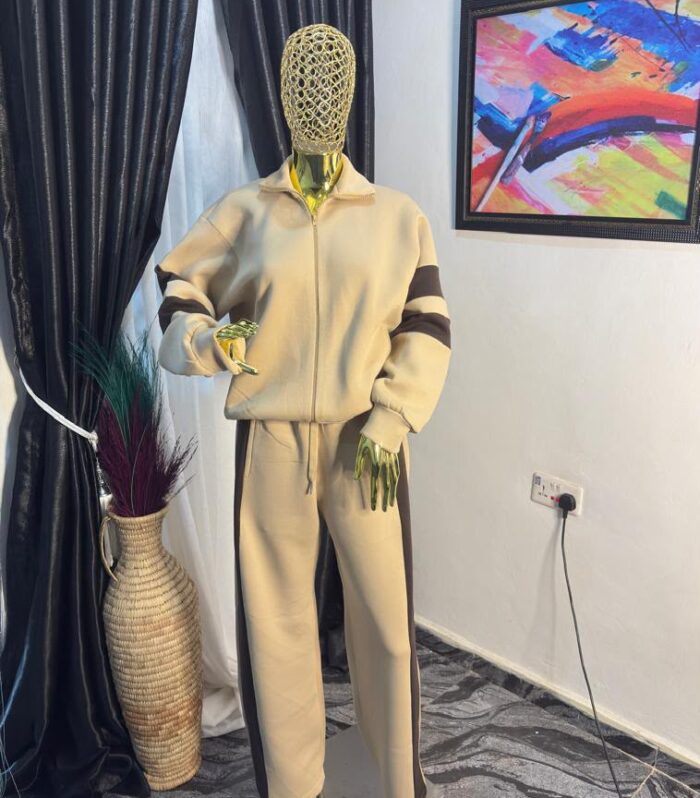 Two-Piece Beige & Dark Brown Contrast Panel Full-Zip Tracksuit