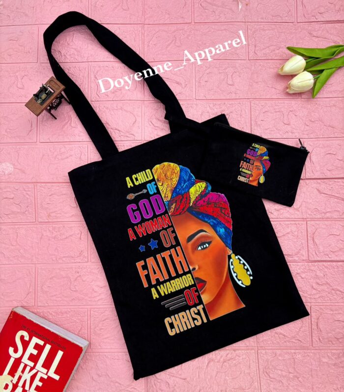 Christian Canvas Tote Bag and Matching Pouch Set with Headwrap Art
