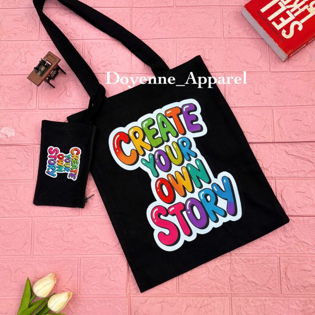 Black Canvas Tote Bag with Matching Mini Coin Pouch – "Create Your Own Story" Graphic