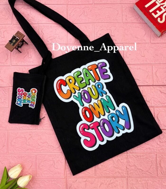 Black Canvas Tote Bag with Matching Mini Coin Pouch – "Create Your Own Story" Graphic
