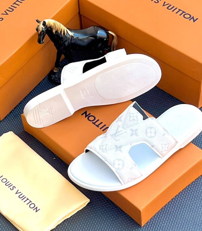 Louis Vuitton Monogram White Leather Flat Slide Sandals