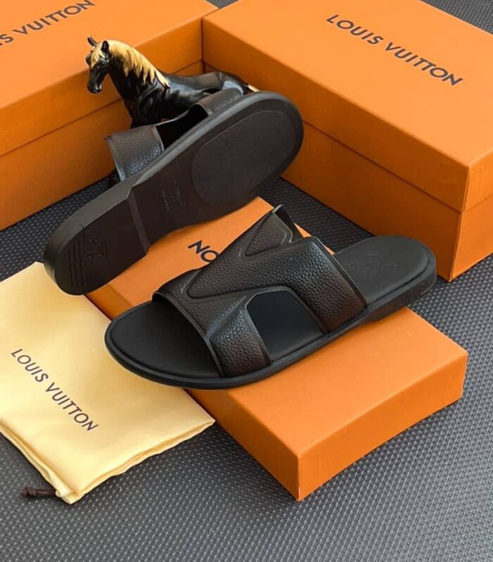 Louis Vuitton Men’s Grain Leather Cutout Mule Sandals in Black