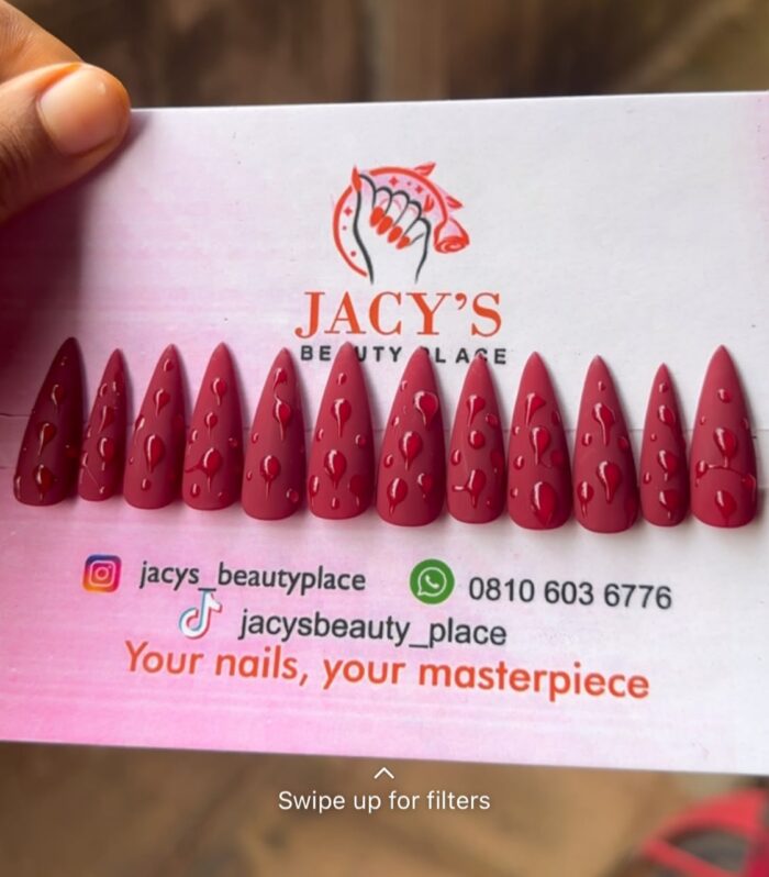 Matte Burgundy Stiletto Press-On Nails with Glossy Water Droplet Art