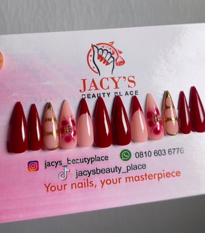 Luxury Deep Red & Nude Floral Gold-Accented Stiletto Press-On Nails