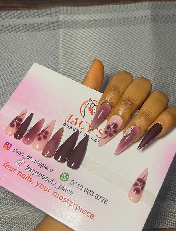Handcrafted Plum & Nude Floral Stiletto Press-On Nails Set