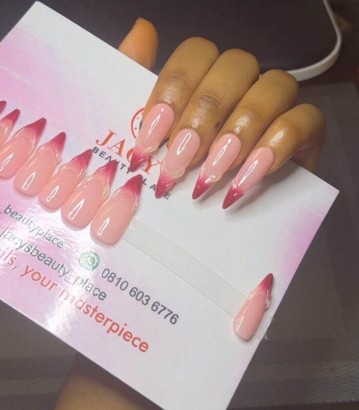 Pink Ombré French Tip Press-On Nails – Glossy Almond Fake Nail Set