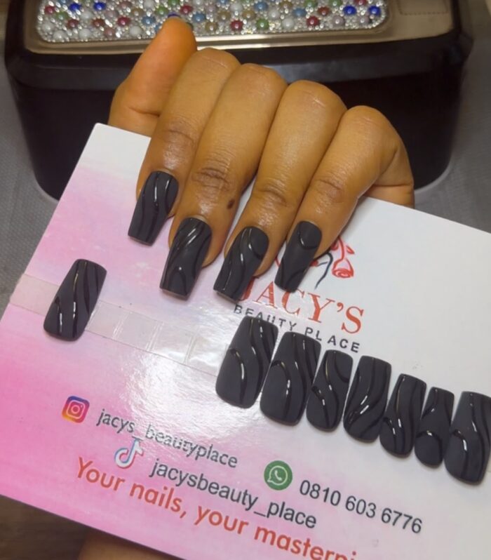 Matte Black Swirl Long Coffin Press-On Nails Set