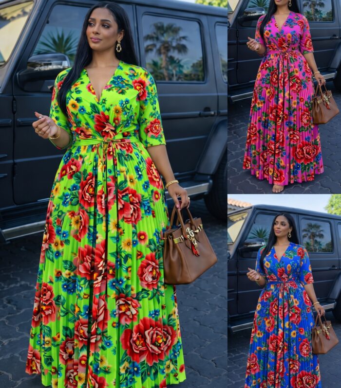 Women's Vibrant Floral Pleated V-Neck Maxi Dress (Includes Belt)