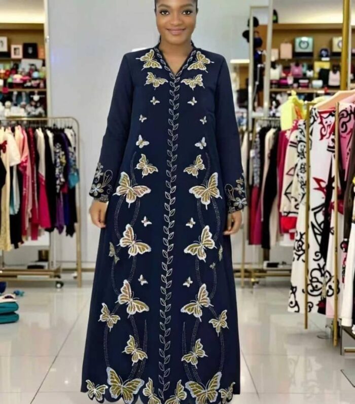 Elegant Butterfly Embroidery Long Sleeve Maxidress / Abaya - Navy Blue