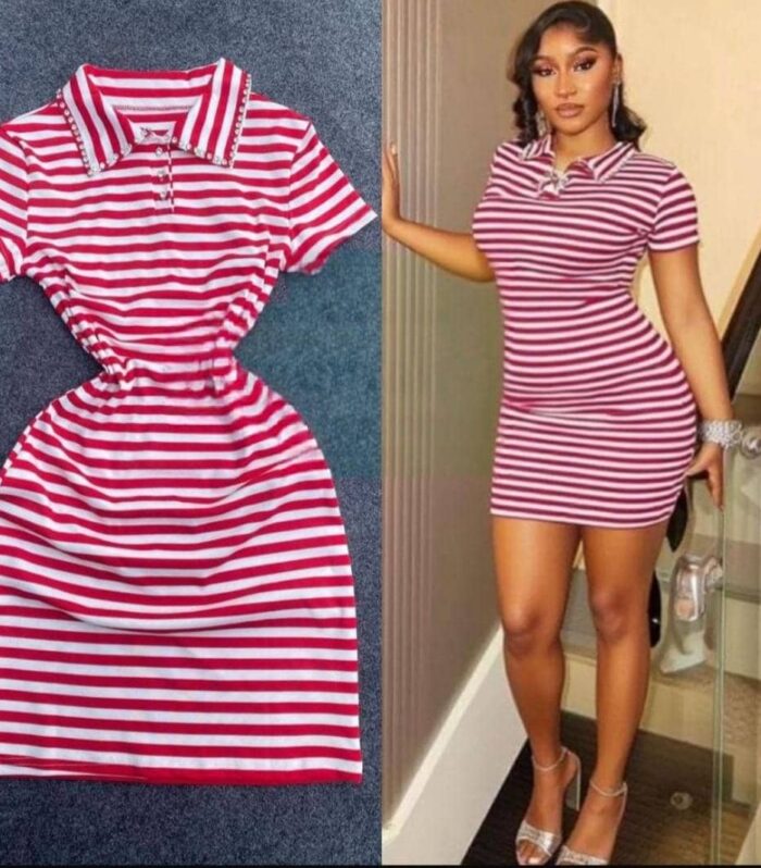 Sparkly Embellished Collar Horizontal Striped Polo Dress