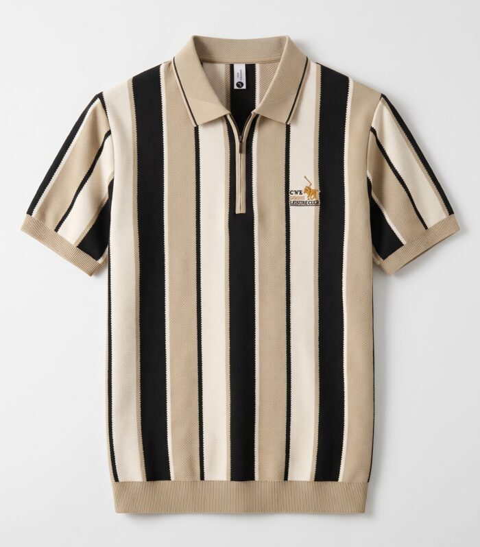 Men’s Vintage Striped Knit Zipper Polo Shirt