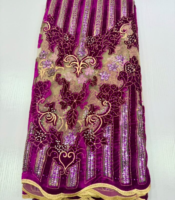 Magenta Velvet African Mesh Lace Fabric with Gold Embroidery and Sequins