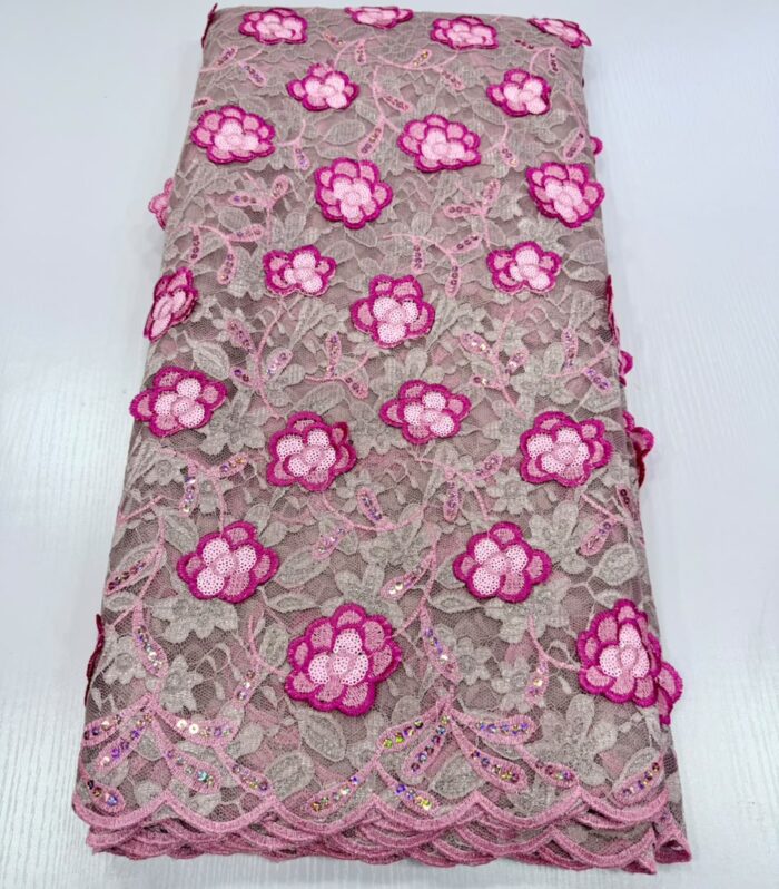 Premium Pink Floral Sequined Net Lace Fabric with Scalloped Border
