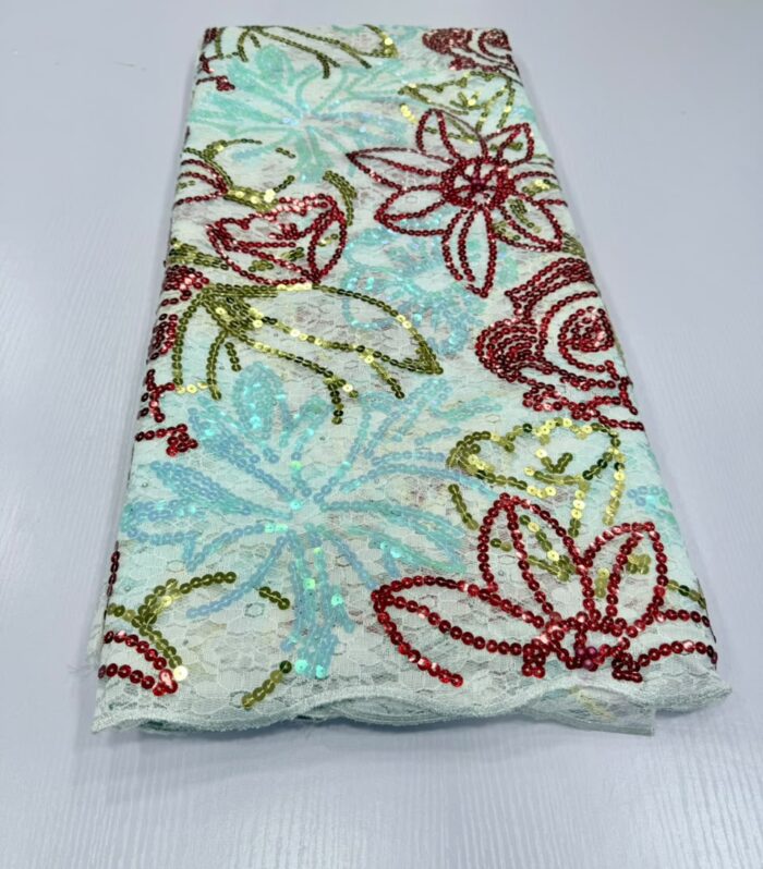 Floral Sequined Net Lace Fabric - Multi-Color Embroidered Mesh for Aso Ebi & Evening Wear